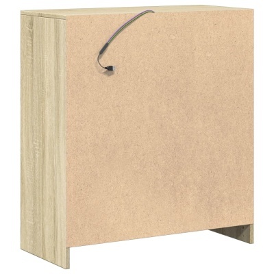 Mesa lateral em madeira clara com fios visíveis no topo