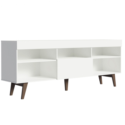 Cômoda branca com pés em madeira escura e compartimentos abertos