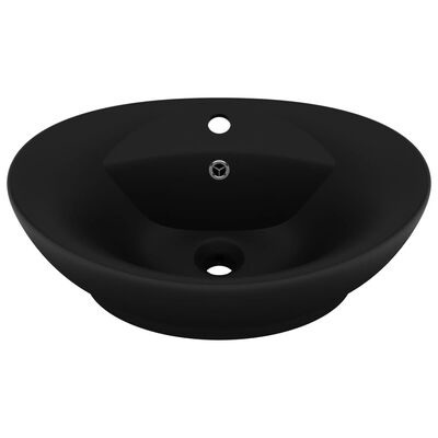 Lavatório oval preto fosco com orifícios para torneira e saída de água