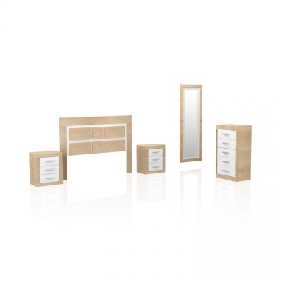 Conjunto de móveis de quarto em madeira clara com acabamentos brancos