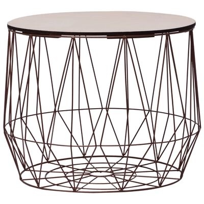 Mesa de centro redonda com tampo branco e estrutura metálica preta geométrica