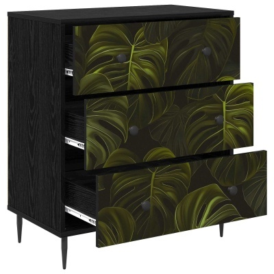 Cómoda preta com gavetas decoradas com folhas tropicais verdes