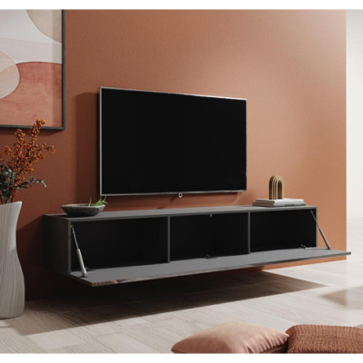 Móvel suspenso cinza escuro com televisão preta montada na parede cor terracota