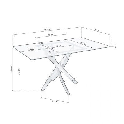 Mesa com tampo transparente e suporte metálico branco com medidas