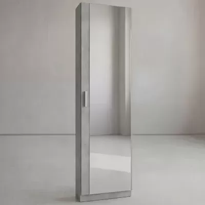Armário vertical cinzento com porta de espelho e alça metálica