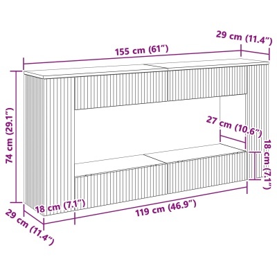 Móvel com linhas verticais e medidas em roxo.