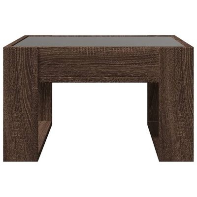 Mesa de centro quadrada em madeira castanha com tampo em vidro preto