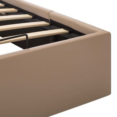 Estrutura de cama bege com ripas de madeira