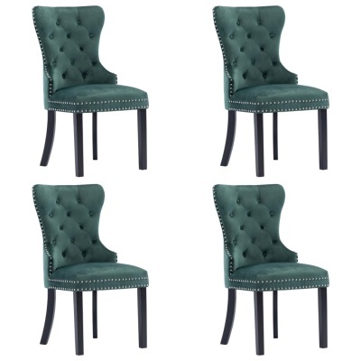 Conjunto de quatro cadeiras estofadas verde escuro com tachas e pernas pretas.