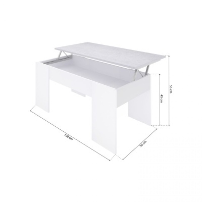 Mesa branca com tampo elevatório e espaço interior de arrumação