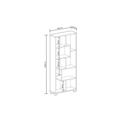 Estante branca com prateleiras e gavetas e medidas em centímetros.