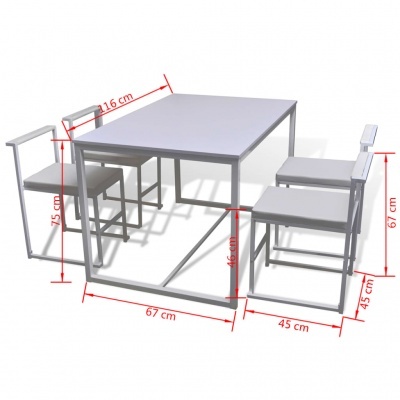 Conjunto de mesa e quatro cadeiras brancas com dimensões em cm visíveis