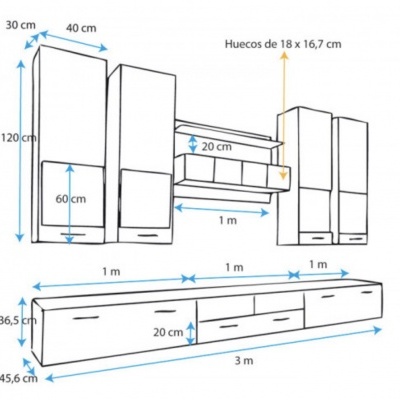 Desenho técnico de móveis modulares para parede com medidas em centímetros
