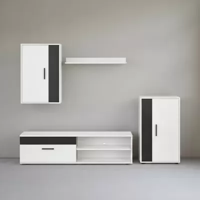 Conjunto de móveis de parede branco e preto num ambiente minimalista.