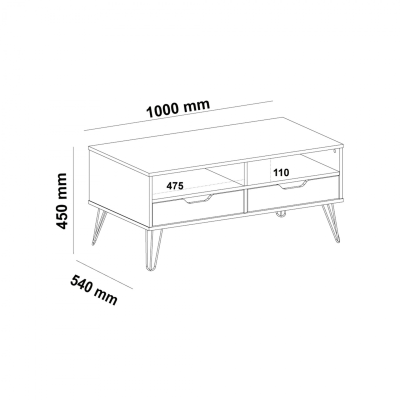 mesa de centro branca com duas gavetas e pernas cónicas