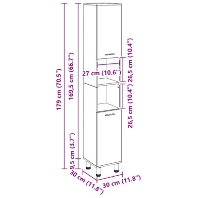 Desenho técnico de móvel alto com dimensões em cm e polegadas