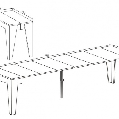 Desenho técnico de mesa extensível branca com medidas