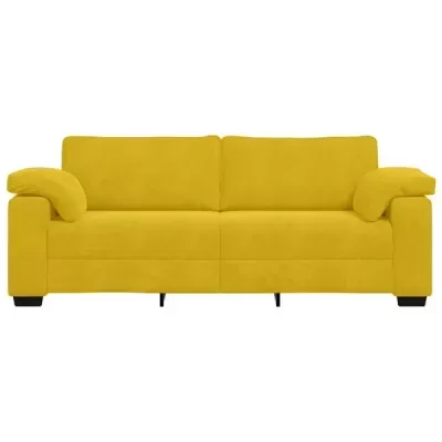 Sofá amarelo de três lugares com braços almofadados
