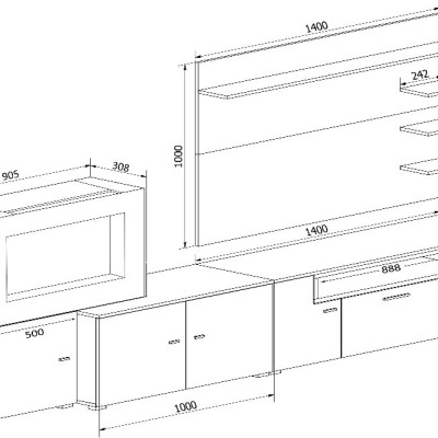 Desenho técnico de móvel de sala em madeira com várias divisões e medidas