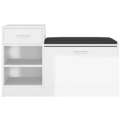 Móvel de entrada branco com banco estofado preto, gaveta, prateleiras e porta