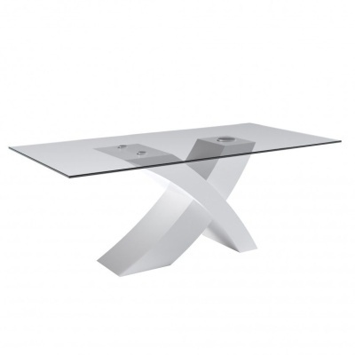 Mesa com tampo de vidro transparente e base branca curvada