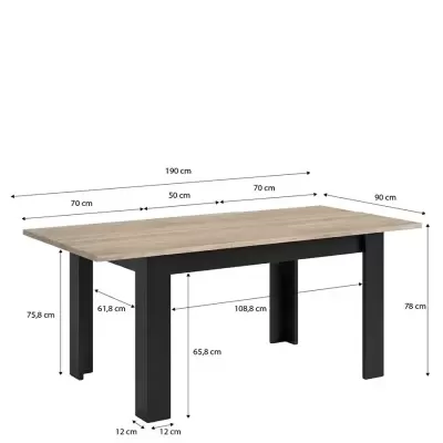 Mesa retangular com tampo de madeira clara e pernas pretas com dimensões indicadas.