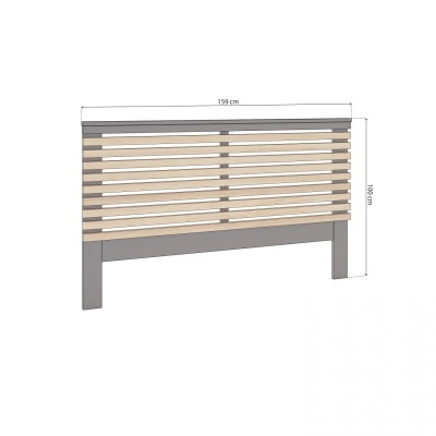 Cabeceira de cama em madeira clara com estrutura cinza e dimensões indicadas.