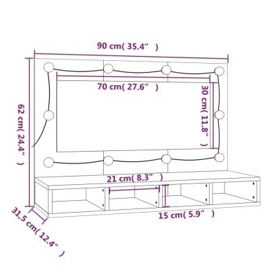 Desenho técnico de móvel de madeira com espelho e dimensões.