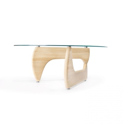 Mesa de centro com tampo em vidro transparente e estrutura de madeira clara