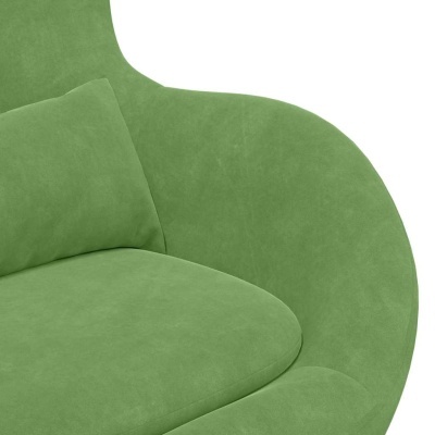 Sofá verde em tecido suave com almofada de encosto e assento arredondado