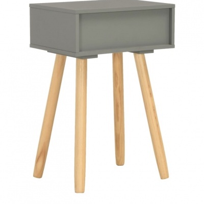 Mesa de apoio cinza com pés de madeira clara