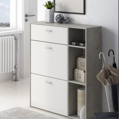 Móvel branco e cinzento com gavetas e prateleiras numa sala moderna
