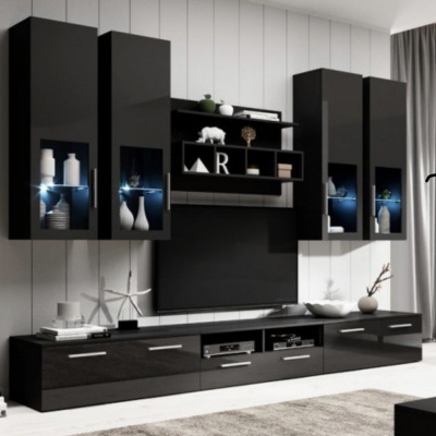 Móvel modular preto brilhante para sala de estar com prateleiras e armários decorados