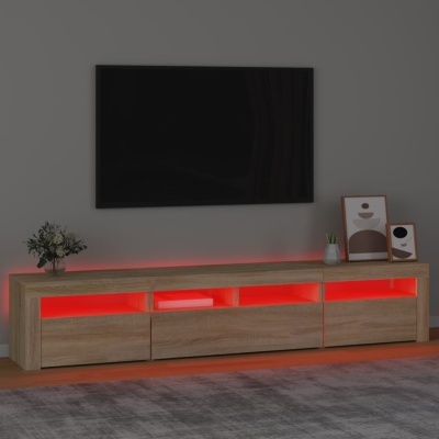 Móvel de TV de madeira clara com iluminação vermelha e decoração na sala