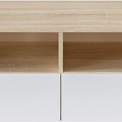 Móvel de madeira clara com prateleiras e gavetas brancas