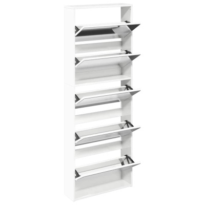 Armário branco com cinco portas basculantes abertos e fechados.