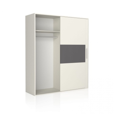 Armário branco e cinzento com porta de correr e interior com prateleira