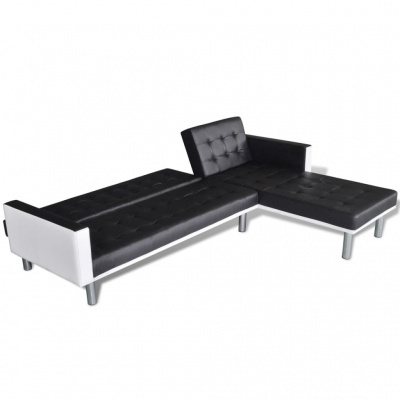 Sofá chaise longue preto e branco em couro sintético com padrão de botões e pernas metálicas prateadas