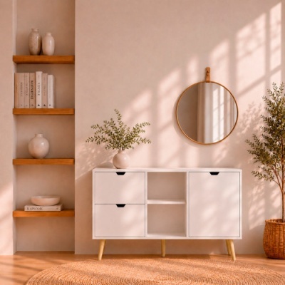 Móvel branco com gavetas e espelho redondo na parede com decoração natural