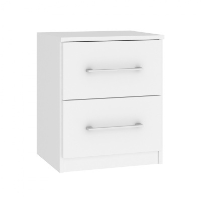 Móvel de apoio branco com duas gavetas e puxadores metálicos