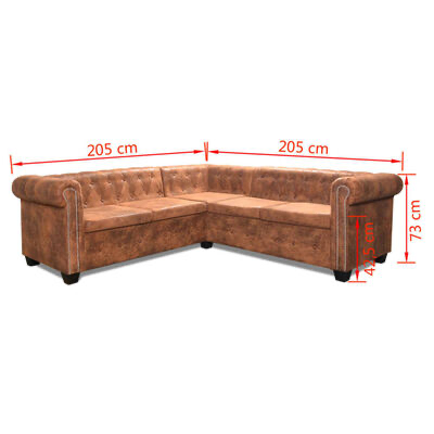 Sofá de canto Chesterfield castanho com medidas em vermelho