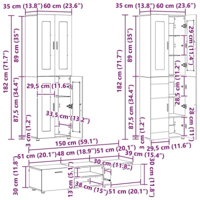 Desenho técnico de armário alto e móvel baixo com medidas em cm e polegadas