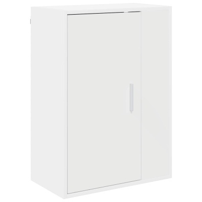 Armário de canto branco com uma porta e puxador metálico