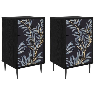Móveis pretos com gavetas decoradas com padrão floral azul e amarelo