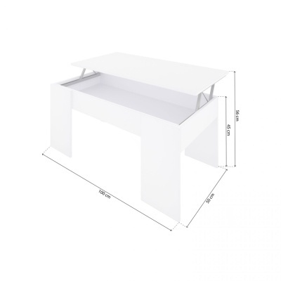 Mesa branca com tampo elevatório e espaço interno, vista frontal com medidas.