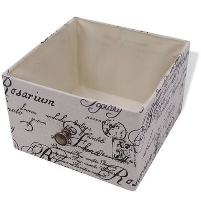 Caixa organizadora quadrada bege com padrão de texto em tinta preta e botão metálico