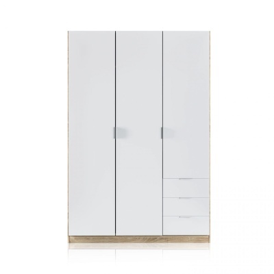 Roupeiro branco de três portas com duas gavetas e base em madeira clara