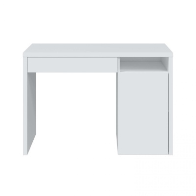 Mesa de escritório branca com gaveta e armário