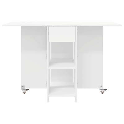 Móvel branco com prateleiras e gaveta, portas abertas, com rodas em fundo branco