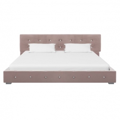 Cama estofada rosa claro com cabeceira e botões brilhantes